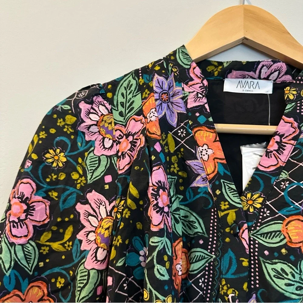 Avara Elena Floral Belted 3/4 Sleeve Mini Dress Black Multicolor Size XS - Picture 8 of 16